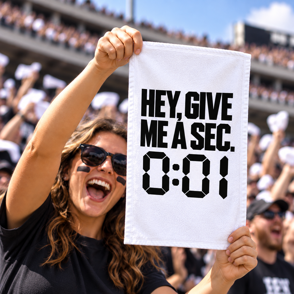 Fan holding a Hey, Give Me A Sec. 0:01 rally towel at a game-day tailgate