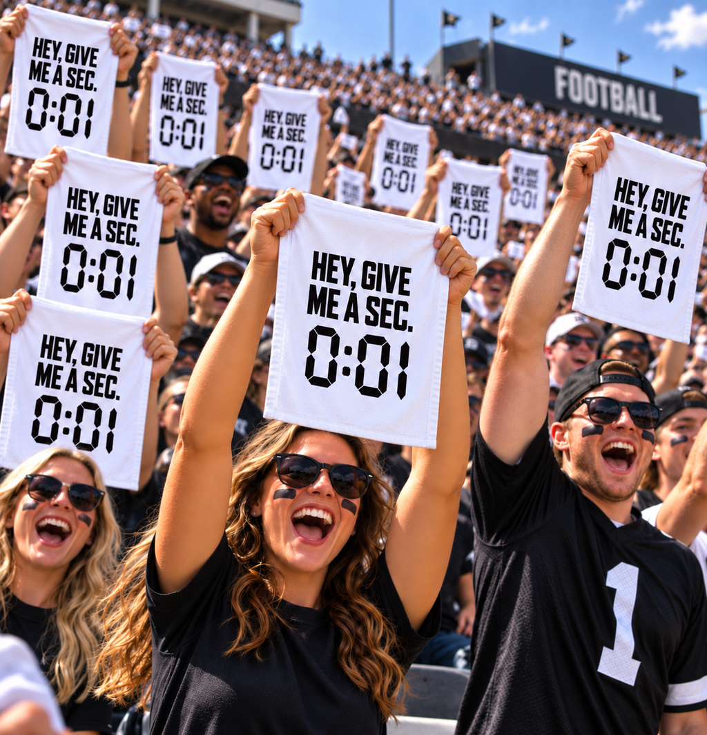 Crowd holding Hey, Give Me A Sec. 0:01 rally towels in a stadium